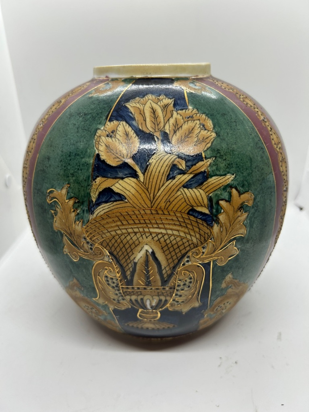 Vintage Decorative Floral Globe Vase in Green, Navy & Gold - Picture 1 of 11